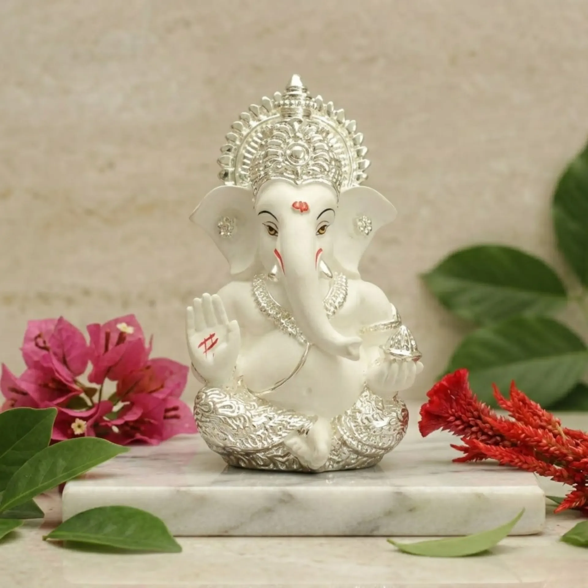 Ganesha Silver Plated Idol for Car Dashboard Ganesha Murti Ganpati Idol for Home Decor Puja Lord Ganesh Statue Gift for Office Desk Puja Room Figurine (Gold and Cream)  3.5 inch
