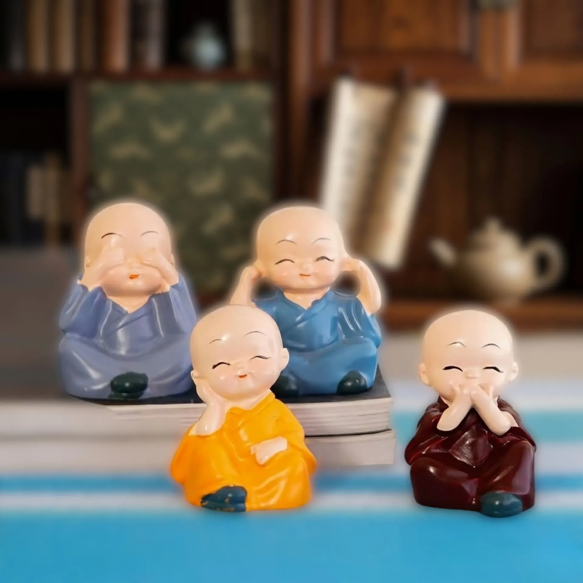 Buddha Monk Set of 4 Statue Figurines Home Decor Items, Decorative Items for Home, Showpiece Cute Mini Idol for Car Dashboard Table Top Decoration Item Living Gift