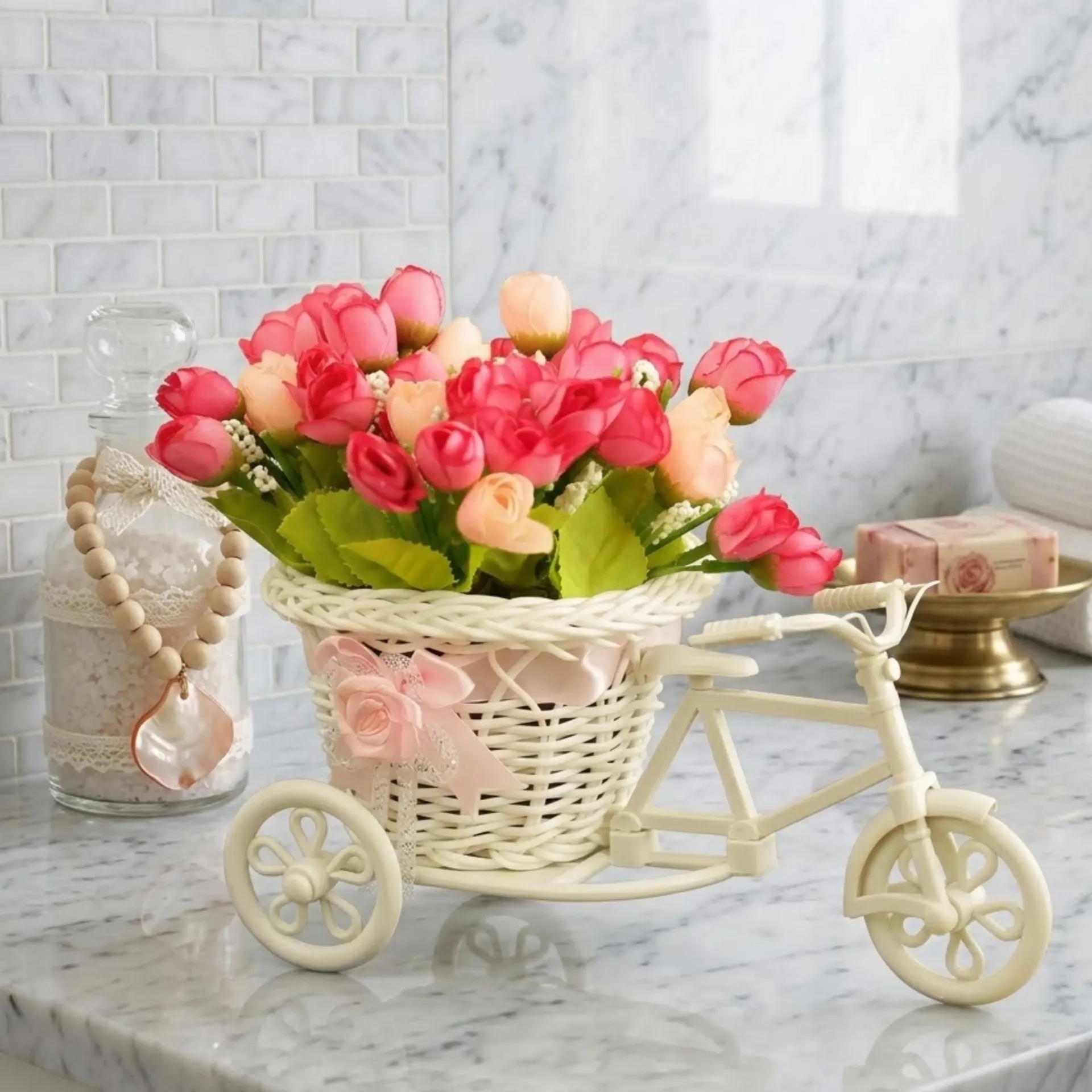 Artificial Flowers - Peony Bunches with Basket/Cycle Style Vase|Pink & Peach Faux Flowers with Wicker Basket|Home Decor, Table Centerpiece, Gifting| Artificial Flower with Vase