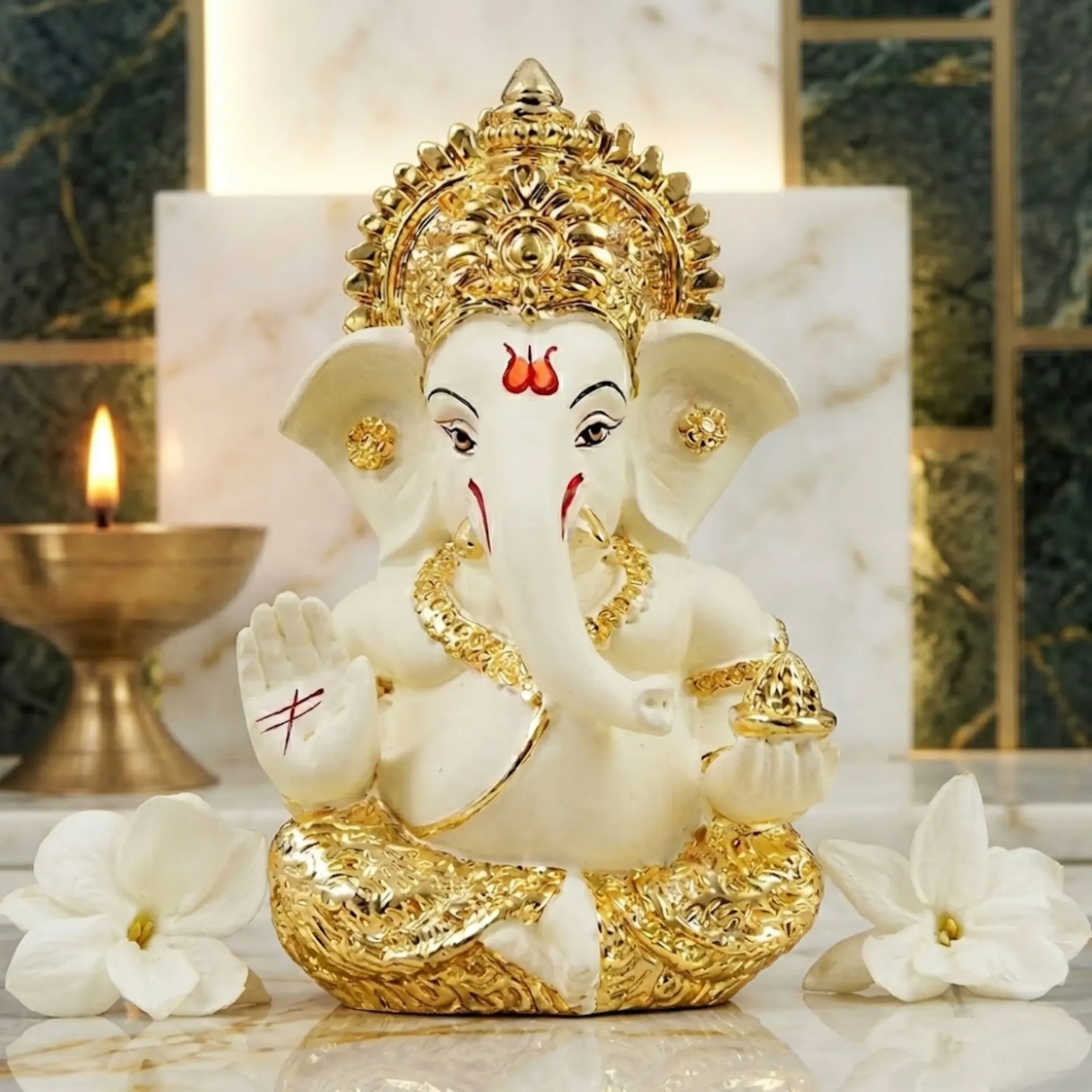 Ganesha Gold Plated Idol for Car Dashboard Ganesha Murti Ganpati Idol for Home Decor Puja Lord Ganesh Statue Gift for Office Desk Puja Room Figurine (Gold and Cream)  3.5 inch