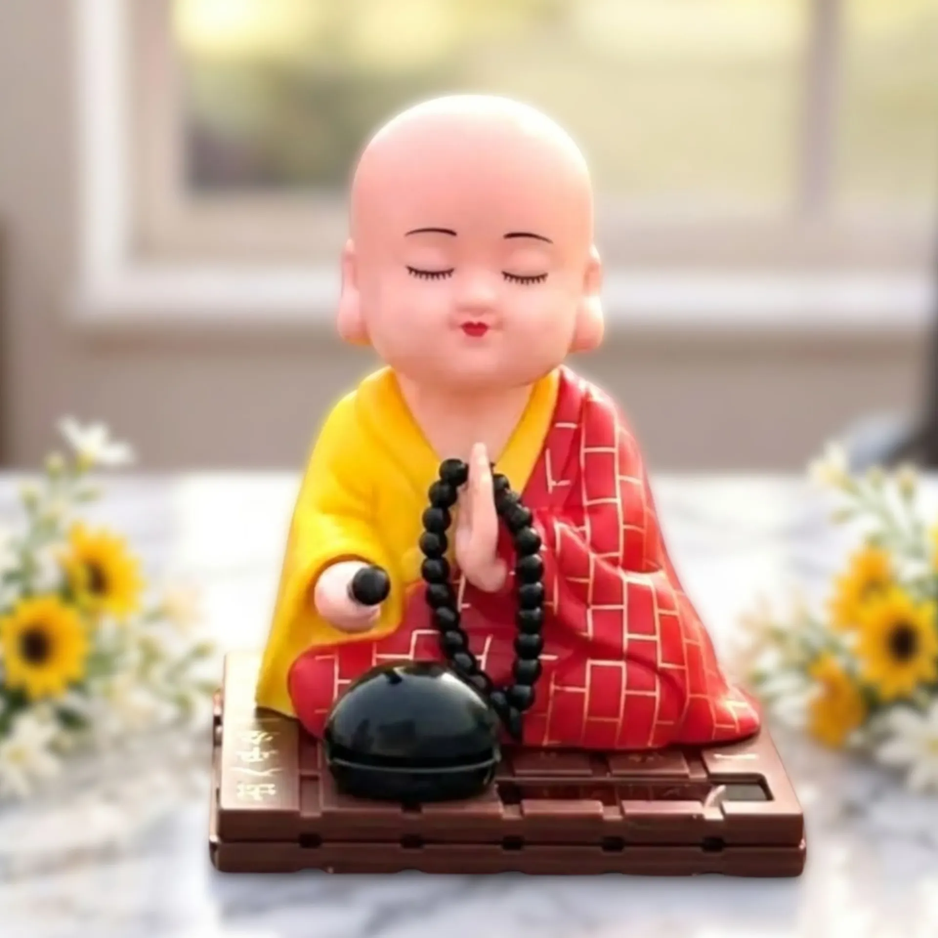 Solar Buddha Moving Head Idol – Valentine Gift for Good Luck & Prosperity | Head Shaking Laughing Buddha for Car, Home & Office Décor | Solar Powered Dancing Buddha Statue